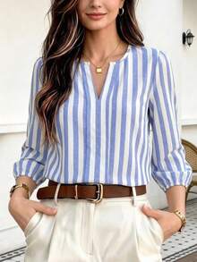 SHEIN LUNE Kemeja Bergaris Minimalis Kasual untuk Wanita, Cocok untuk Musim Semi dan Gugur - MultiWarna - View 8