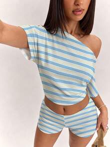 SHEIN BAE Women's 2-Piece Set Asymmetrical Shoulder Top And Shorts, Casual Minimalist Daily Versatile All-Match, Date Night, Outing, Commute, Beach, Vacation, Summer Outfit - Multicolor - View 7