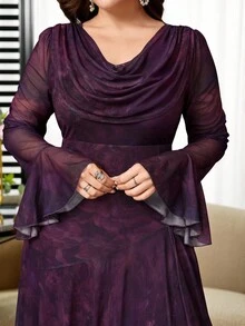 Reflora 大尺碼優雅通勤花卉印花洋裝，適合婚禮、晚餐、晚宴正式場合，深紫色，秋季 - 紫色 - 查看 8