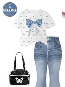 SHEIN Elladie kids 2件組女童夏季新款蝴蝶結印花圓領短袖T恤與彈性腰牛仔效果喇叭褲休閒套裝 - 彩色 - 查看 4
