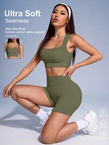 SHEIN Sovereign Charm 女款素色羅紋運動背心與短褲套裝 - 橄欖綠 - 查看 2
