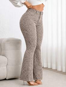 Flexra Plus Size Leopard Print High Waist Slimming Flare Leg Jeans - Multicolor - View 3