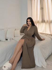Napfluff CURVE Napfluff CURVE Slouchy Minimalist Long Plus Size Robe, Elegant Tie Waist Comfortable Loungewear - Brown - View 6