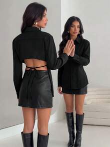 Avantive Kemeja Wanita Warna Polos, Bagian Depan Pendek, Bagian Belakang Panjang, Ikat di Depan - Hitam - View 5