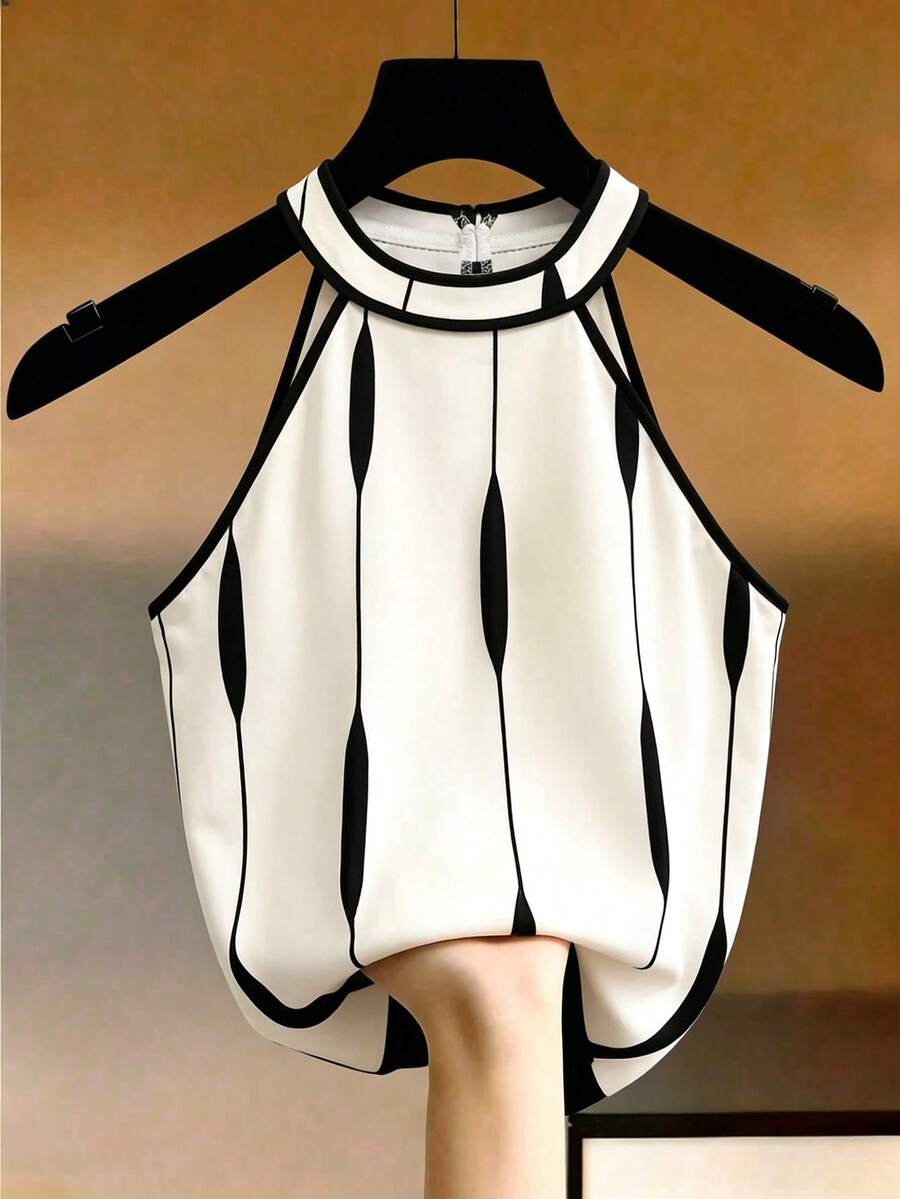 SHEIN Franclia 女士春夏新款无袖背心,白色圆领撞色滚边,优雅浪漫休闲百搭,时尚街头风,通勤日常居家浪漫约会皆宜。 - 白色 - 查看 1