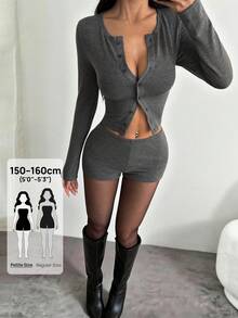 SHEIN PETITE 女款純色長袖上衣與迷你裙套裝 短款兩件式 深灰色 鏤空網紗 緊身衣 小碼居家休閒 秋季休閒性感 - 灰色 - 查看 1