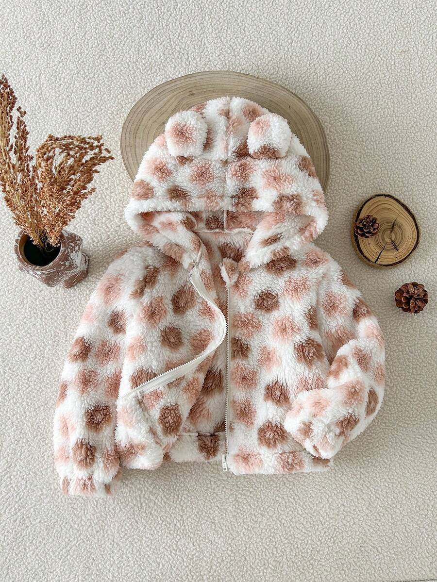 SHEIN 女童秋冬甜美休閒可愛粉色花卉軟絨夾克,前開襟拉鍊式提花連帽開襟外套,萬聖節穿搭 - 杏色 - 查看 1