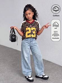 SHEIN 青少年女孩淺藍色寬腿休閒寬鬆牛仔褲 秋冬休閒萬聖節新年校園 Y2K 藍色牛仔褲 - 藍色 - 查看 2