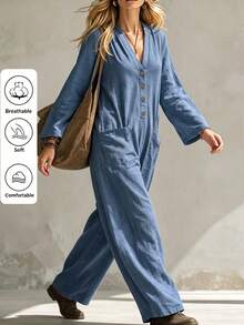Linhara CURVE 2026 New V-Neck Plus Size Women's Jumpsuit With Pockets - Blue - View 5
