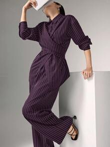 Heiryn Waist-Cinched Wrap Korean Business Casual Old Money Style Commuter Office Daily Versatile Shirt-Style Two Pieces Set Navy Blue And White Autumn - Purple - View 3