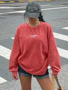 Muchica 女款街頭時尚刺繡圓領長袖運動衫 - 紅色 - 查看 1