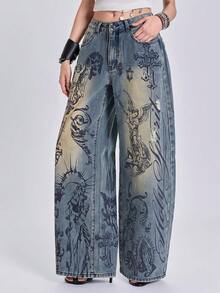 ACID BLVD Celana Jeans Denim Longgar Potongan Lurus Gaya Vintage Washed, Motif Sayap Malaikat Bunda Maria Streetwear Punk Y2K Sepanjang Musim, Motif Bunga dan Slogan, Dicetak di Seluruh Permukaan - Biru - View 4