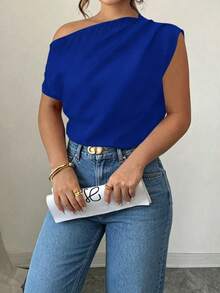 Elenzga Spring Summer Autumn Short Sleeve Asymmetric Shoulder Simple Comfortable Pleated Design Black Plus Size Shirt - Royal Blue - View 3