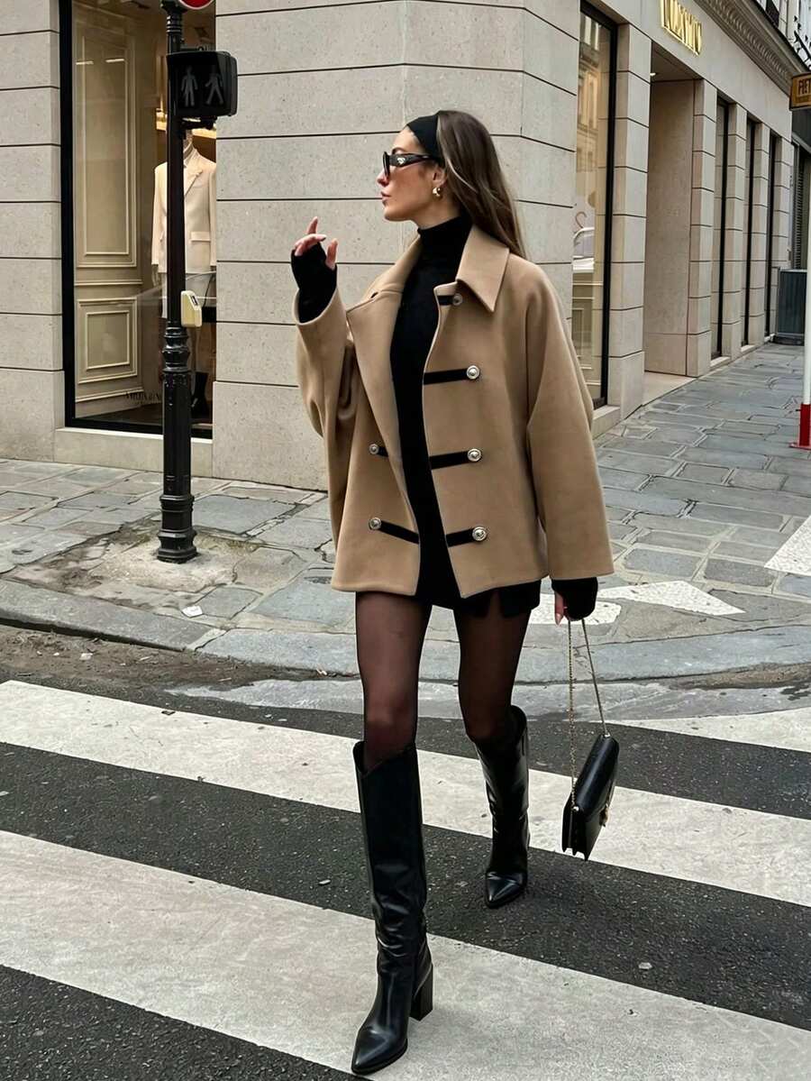SHEIN PariChic 2026新款駱駝色翻領撞色飾邊雙排扣短款大衣 女款秋冬寬鬆通勤雙面羊毛外套 - 卡其色 - 查看 1