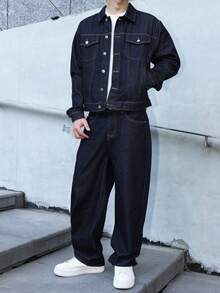 Manfinity EMRG 男士海軍藍牛仔兩件套，休閒夾克與寬鬆闊腿長褲，春秋街頭風，男友與丈夫穿著的工裝夾克城市度假兩件套 - 深色水洗藍 - 查看 3
