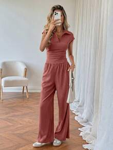 SHEIN LUNE 休閒女款 Polo 領短袖上衣與長褲 2 件套，度假風，鐵鏽色/灰塵色，夏季 - 紅木色 - 查看 6