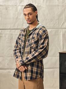 Norleigh Men's Casual Loose Fit Checkered Hooded Shacket With Chest Pocket, Adjustable Drawstring, Versatile For Spring Autumn - Navy Blue - View 6