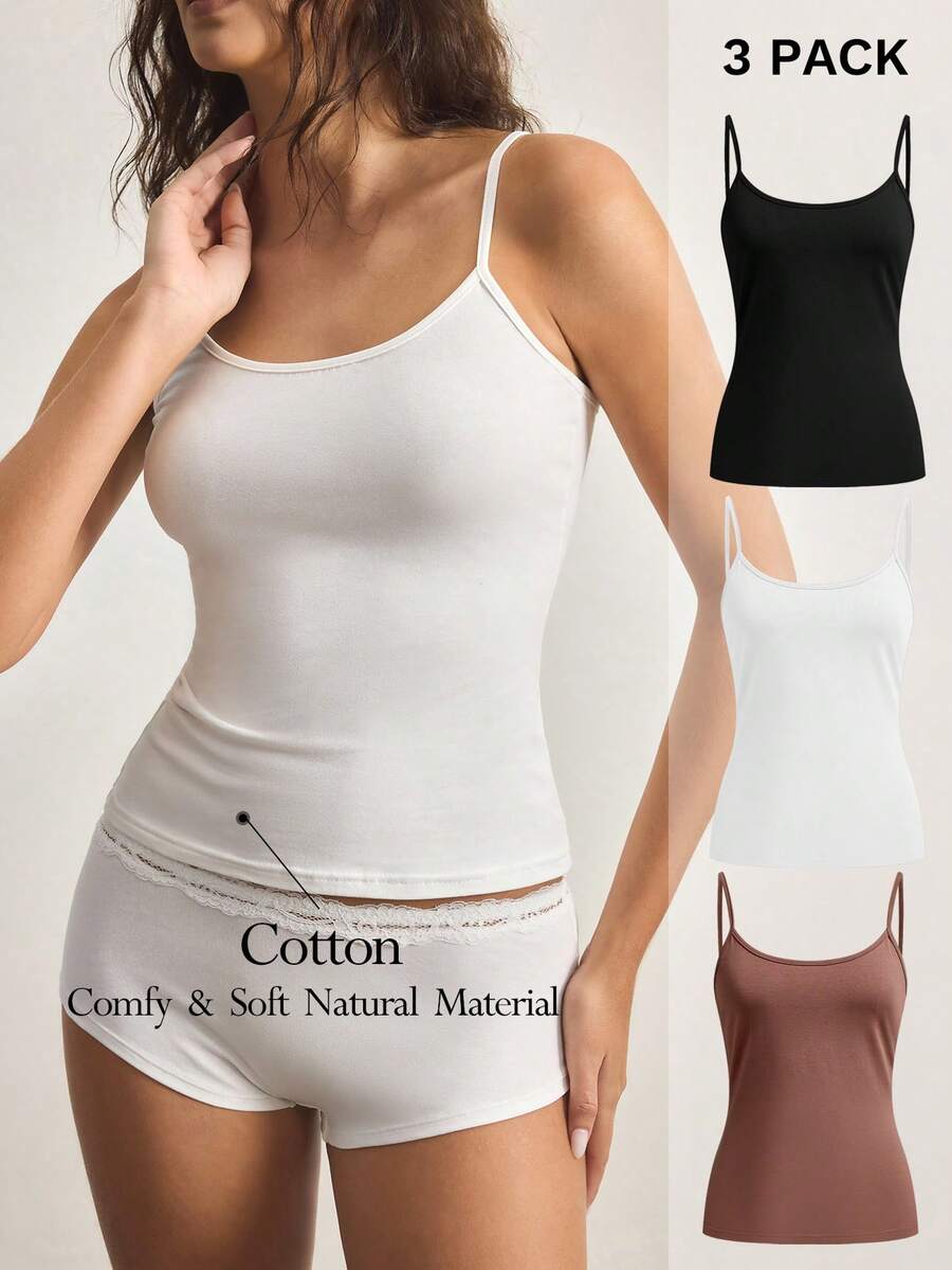 SHEIN 3pcs Women's Basic Casual Comfortable Minimalist Black, White, Brown Camisole Tops, Spring/Summer Homewear - Multicolor - View 1