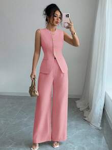 SHEIN Raffinéa 女款法式優雅度假休閒通勤金色花朵鈕扣套裝 - 粉色 - 查看 4
