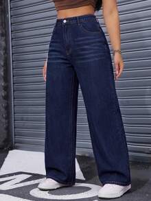 SHEIN ICON Plus Size Fashion Versatile Button Pocket Loose Denim Jeans - Dark Wash - View 3