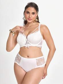 Slumbrini Solid Color Lace Comfortable Daily Underwire Molded Cup Support Fabric Patchwork Plus Size Lingerie Set Summer White Lingerie - White - View 3