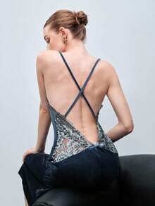 Softvol Women's Sexy Lace Patchwork Velvet Backless Criss-Cross Strap Long Nightgown Velvet Dress Lace Detail Dress Blue Lingerie Dress Backless Dress - Dusty Blue - View 8