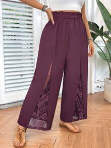 SHEIN VCAY Plus Size Casual Solid Color Lace Patchwork Pants - Dusty Pink - View 3