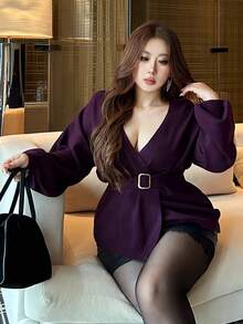 Vibekara Autumn/Winter Luxury Style Premium Purple V-Neck Tie-Front Slimming Cardigan Sweater - Purple - View 6