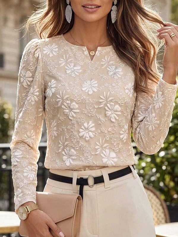 Medorina Blusas y tops elegantes y chic para mujer, tela texturizada, blanco albaricoque, manga larga abullonada, para trabajo, oficina y fiesta, otoño