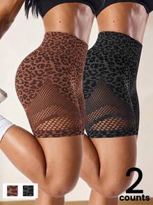 SHEIN Velisys 2件組休閒短褲，網布拼接豹紋設計，基礎款，多色，運動健身瑜珈短褲 - 彩色 - 查看 1