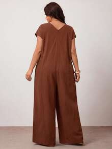 Enliva Plus Size Black Cotton Jumpsuit With Loose V-Neck And Pockets - Brown - View 2