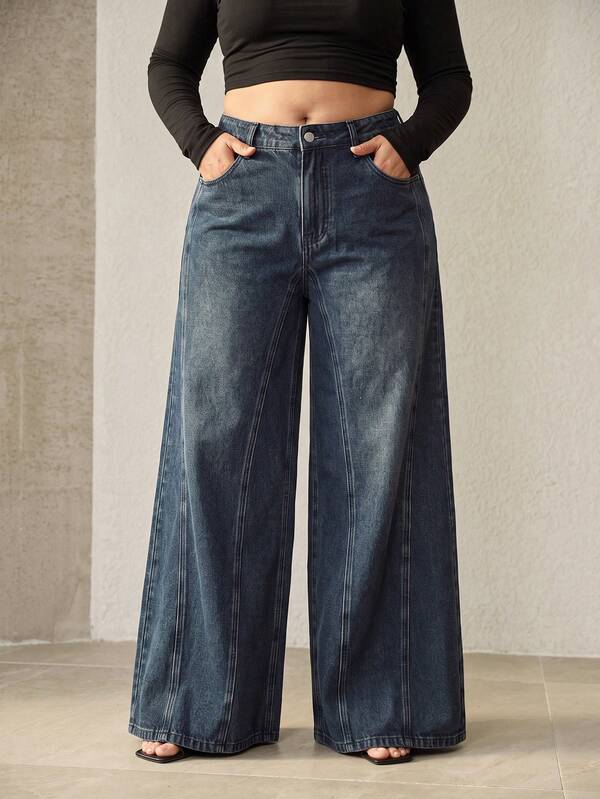 Anewsta Women's New Fashion Casual Retro Washed Design Patchwork Blue Wide Leg Pants