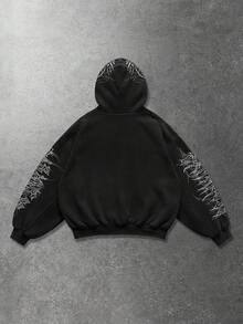 ROMWE MEN Goth 春季休闲印花街头风百搭长袖男士宽松连帽衫，Y2K - 黑色 - 查看 2