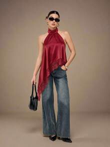 SHEIN Tall Elegant Lace Trim Backless Camisole Top, Sexy Satin Patchwork Sleeveless Blouse For Party, Cocktail, Formal Occasions, Christmas, Business Casual - Burgundy - View 4
