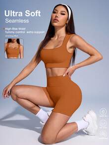 SHEIN Sovereign Charm Solid Color Ribbed Sports Tank Top & Shorts Set For Women - Ginger - View 2