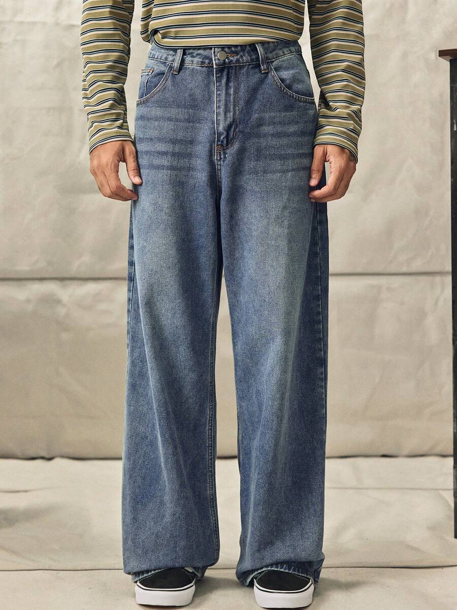 Norleigh 1pc Justice Brother Men's Loose Washed Denim Casual Baggy Wide Leg Jeans Pants (Belt And Accessories Not Included) - Blue - View 1