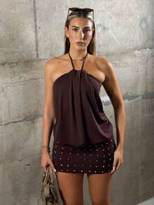 hollyjadebate Women's Brown Beaded Embellished Dress Elegant Party - Coffee - View 3