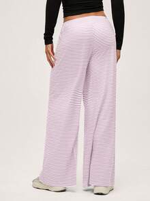 SHEIN BASICS Casual Y2k Knitted Pink And White Striped Low Waist Baggy Wide Leg Floor Length Pants For Women Autumn Clothes Lounge - Pink - View 5