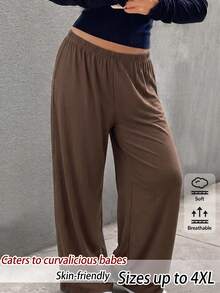 SHEIN BASICS Plus Size Casual Baggy Traditional Elegant Versatile Solid Color Loose Pants Lounge Formal Office Home Wear Vacation Brown Autumn - Brown - View 1