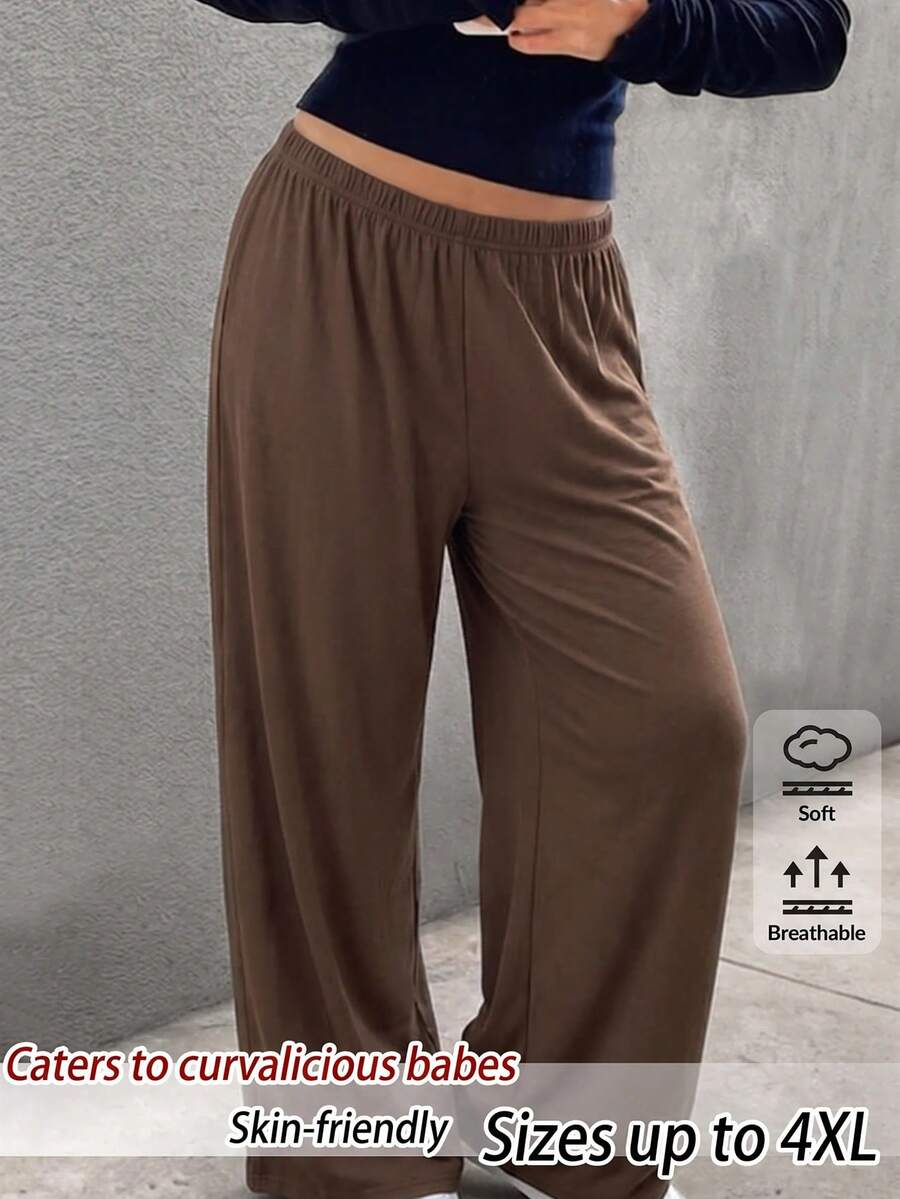 SHEIN BASICS Plus Size Casual Baggy Traditional Elegant Versatile Solid Color Loose Pants Lounge Formal Office Home Wear Vacation Brown Autumn - Brown - View 1