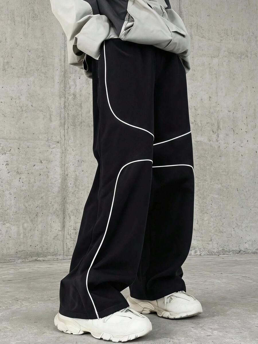 SHEIN Mirajuku 1件裝青少年男款街頭風都市風格對比白色縫線細節寬鬆版寬腿工裝褲,側邊口袋舒適休閒時尚長褲,適合日常穿著街頭時尚,春秋款 - 黑色 - 查看 1