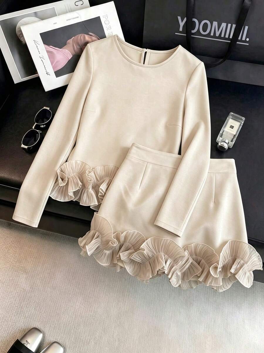 SHEIN Franclia Women's Elegant Versatile Daily Commute Round Neck Long Sleeve Top And Ruffle Hem Skirt 2 Pieces Set - Khaki - View 1