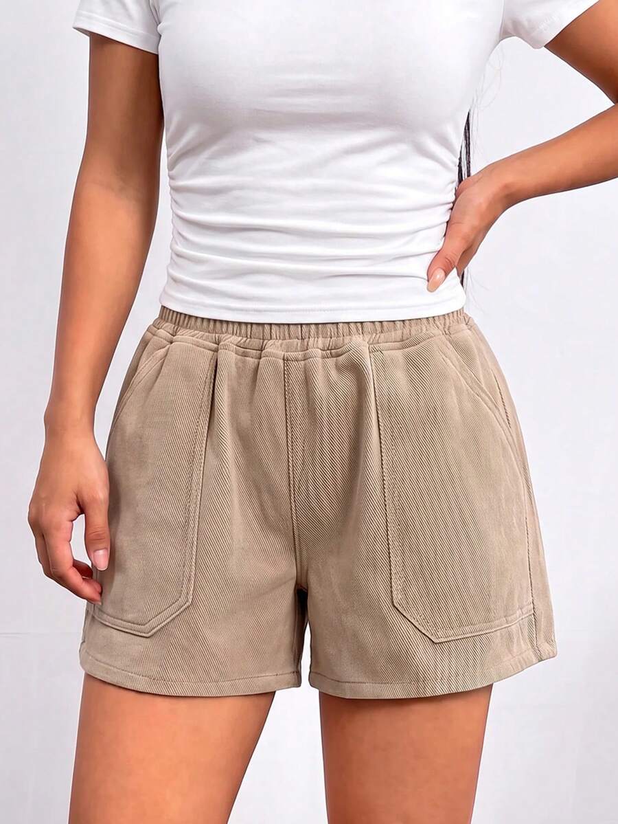SHEIN 青少年女孩卡其色牛仔寬鬆短褲 - 卡其色 - 查看 1