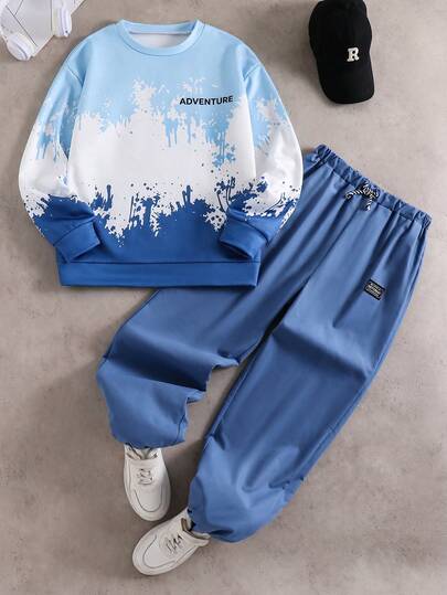 SHEIN Coolqubz 2pcs Teen Boy Fashion White Sweatshirt & Dark Green Pants Set, Green Graphic Print On Chest, Cool Street Style, Soft Comfortable Fabric, Easy To Wear, Suitable For Spring And Autumn, School, Outings, Must-Have For Boys