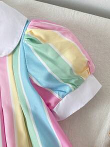 SHEIN Playful Pals 女嬰彩虹條紋短袖彼得潘領田園鄉村風度假舒適時尚可愛百搭夏季洋裝 - 彩色 - 查看 7