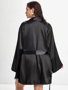 Slumbrini Plus Size Women's Eyelash Lace Patchwork Satin Robe & Nightgown 3-Piece Set - Black - View 2