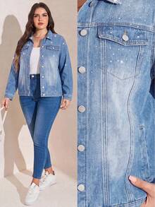 SHEIN LUNE Chaqueta vaquera casual de manga larga con pedrería y abotonadura sencilla para mujer de talla grande - Azul - Ver 2