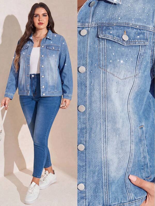 SHEIN LUNE Plus Size Women's Rhinestone Long Sleeve Single-Breasted Casual Denim Jacket