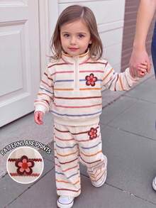 SHEIN Vintaside Kids 女嬰 2 件套，時尚可愛彩色條紋花卉仿刺繡效果印花立領拉鍊長袖運動衫外套上衣，彩色條紋花卉印花寬腿褲，柔軟面料，適合外出，秋冬季 - 彩色 - 查看 3