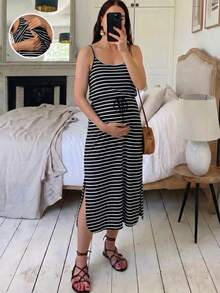 SHEIN 哺乳用無袖條紋休閒軟挺修身舒適洋裝，黑色與紅色，適合約會與夏季 - 黑色 - 查看 4